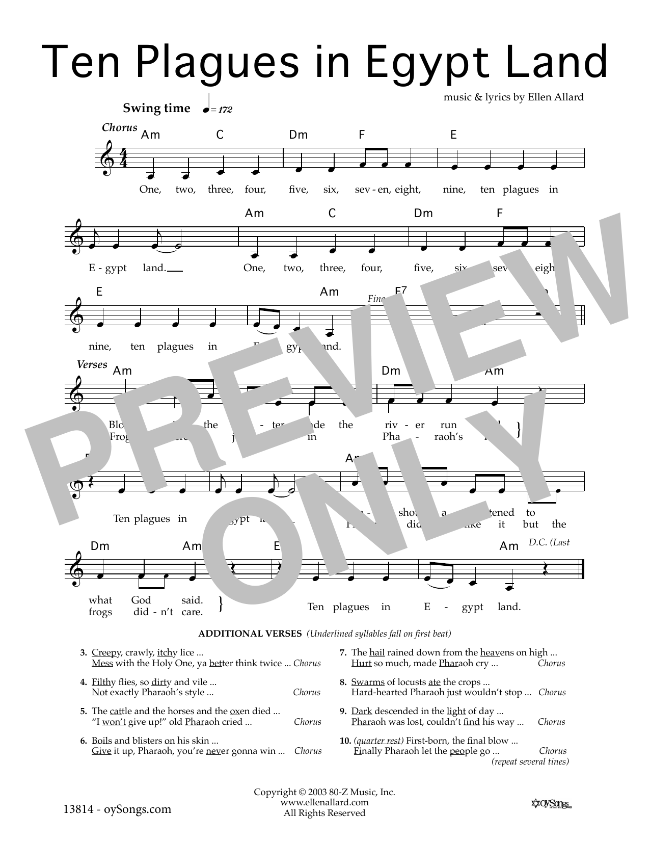 Download Ellen Allard Ten Plagues Sheet Music and learn how to play Melody Line, Lyrics & Chords PDF digital score in minutes