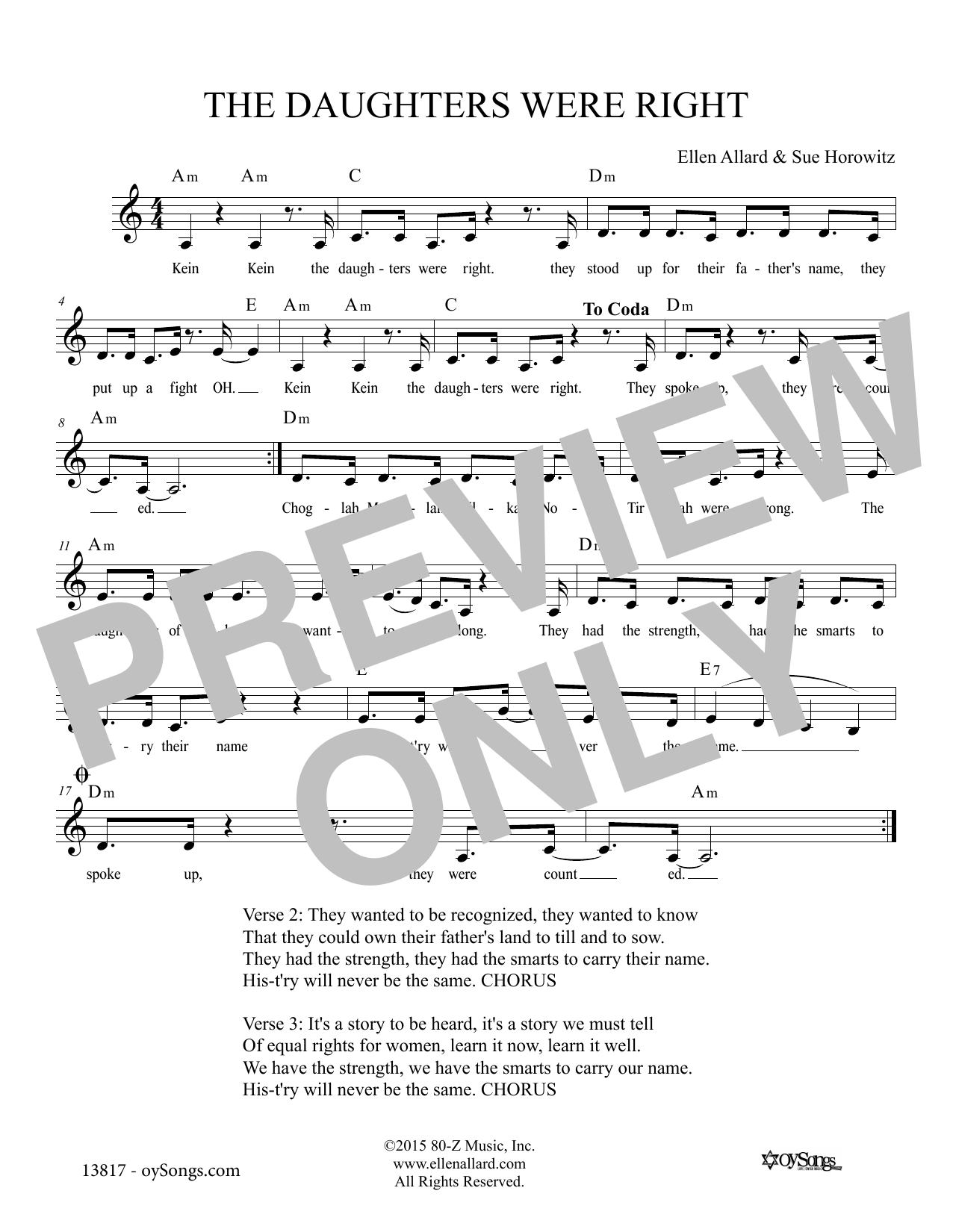 Download Ellen Allard The Daughters Were Right Sheet Music and learn how to play Melody Line, Lyrics & Chords PDF digital score in minutes