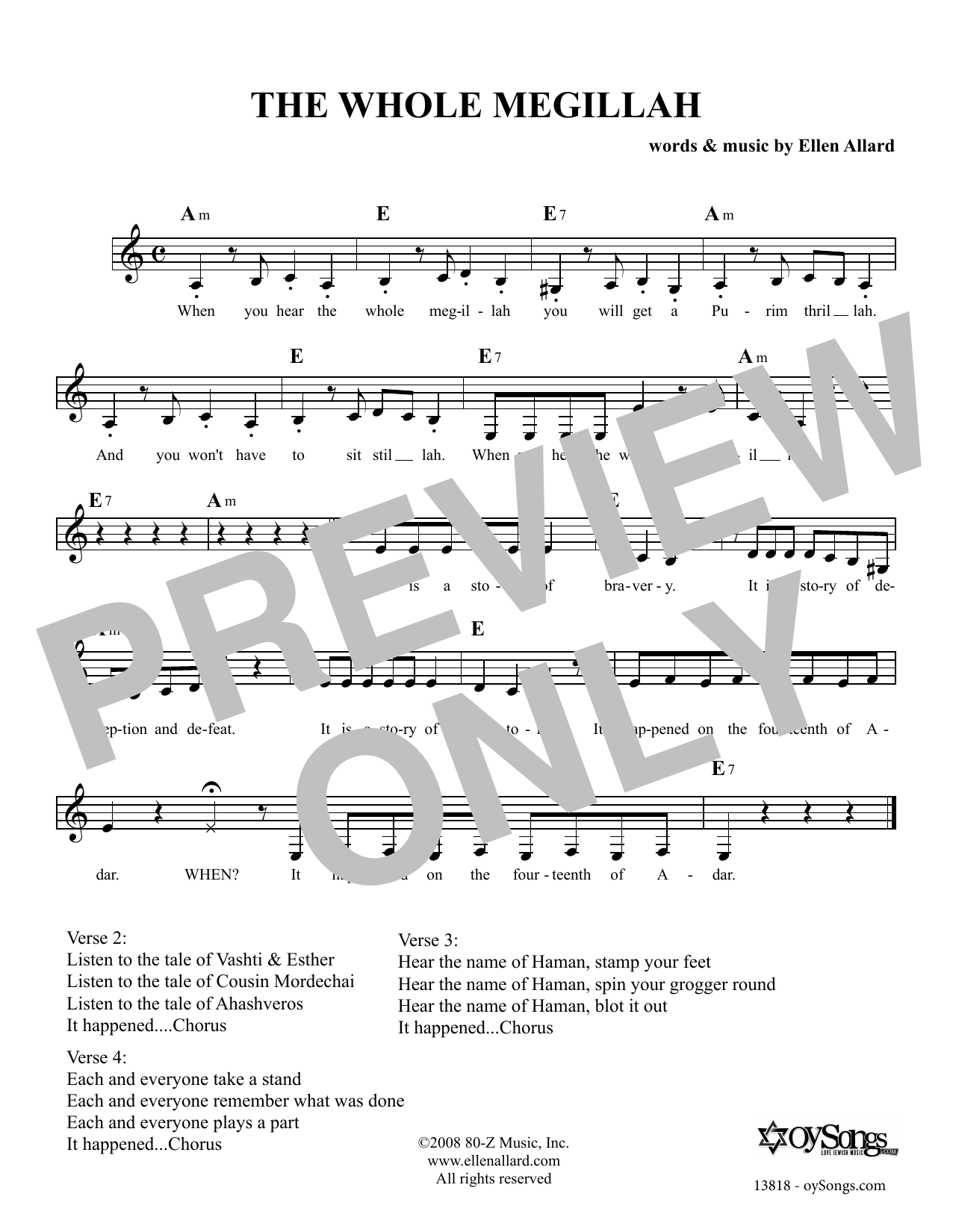 Download Ellen Allard The Whole Megillah Sheet Music and learn how to play Melody Line, Lyrics & Chords PDF digital score in minutes