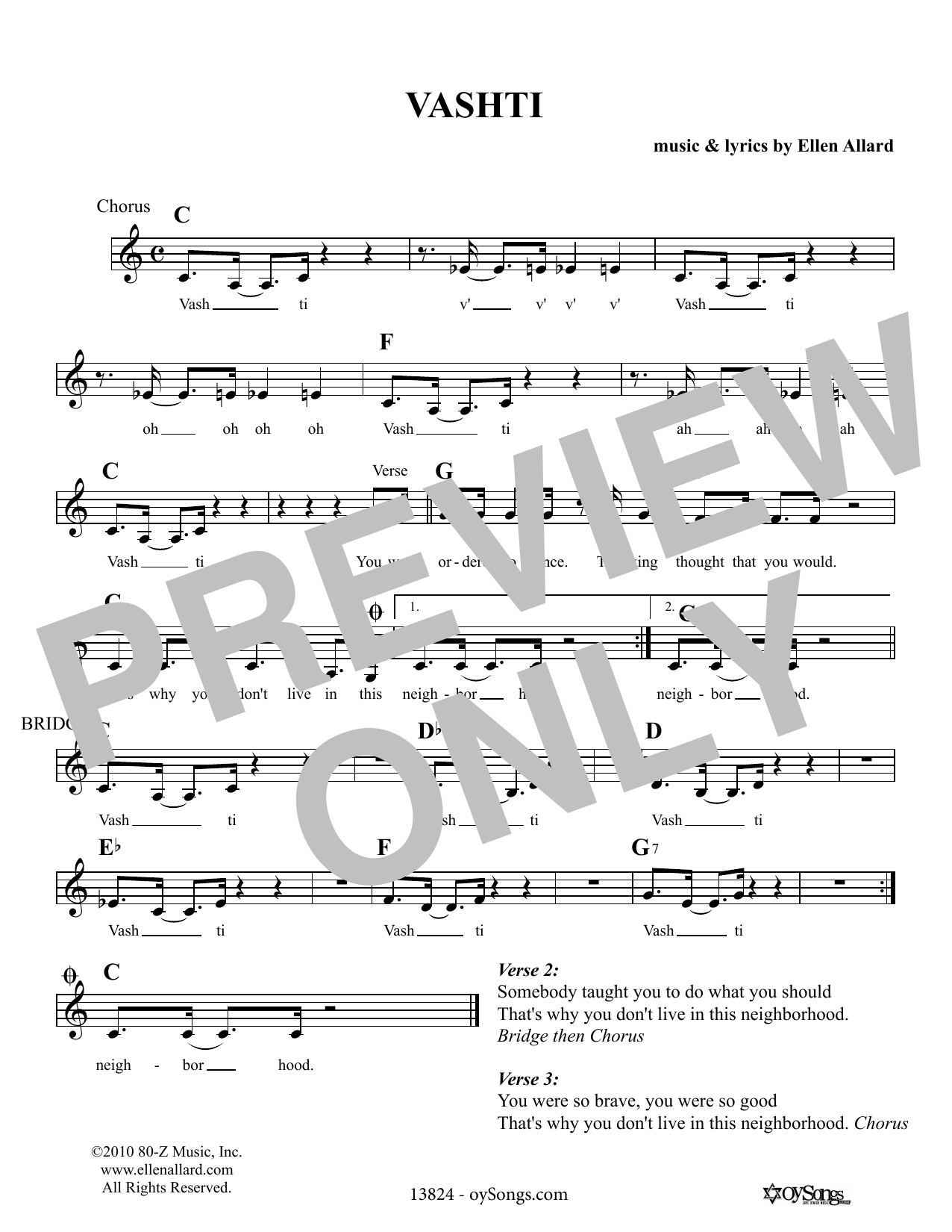 Download Ellen Allard Vashti Sheet Music and learn how to play Melody Line, Lyrics & Chords PDF digital score in minutes