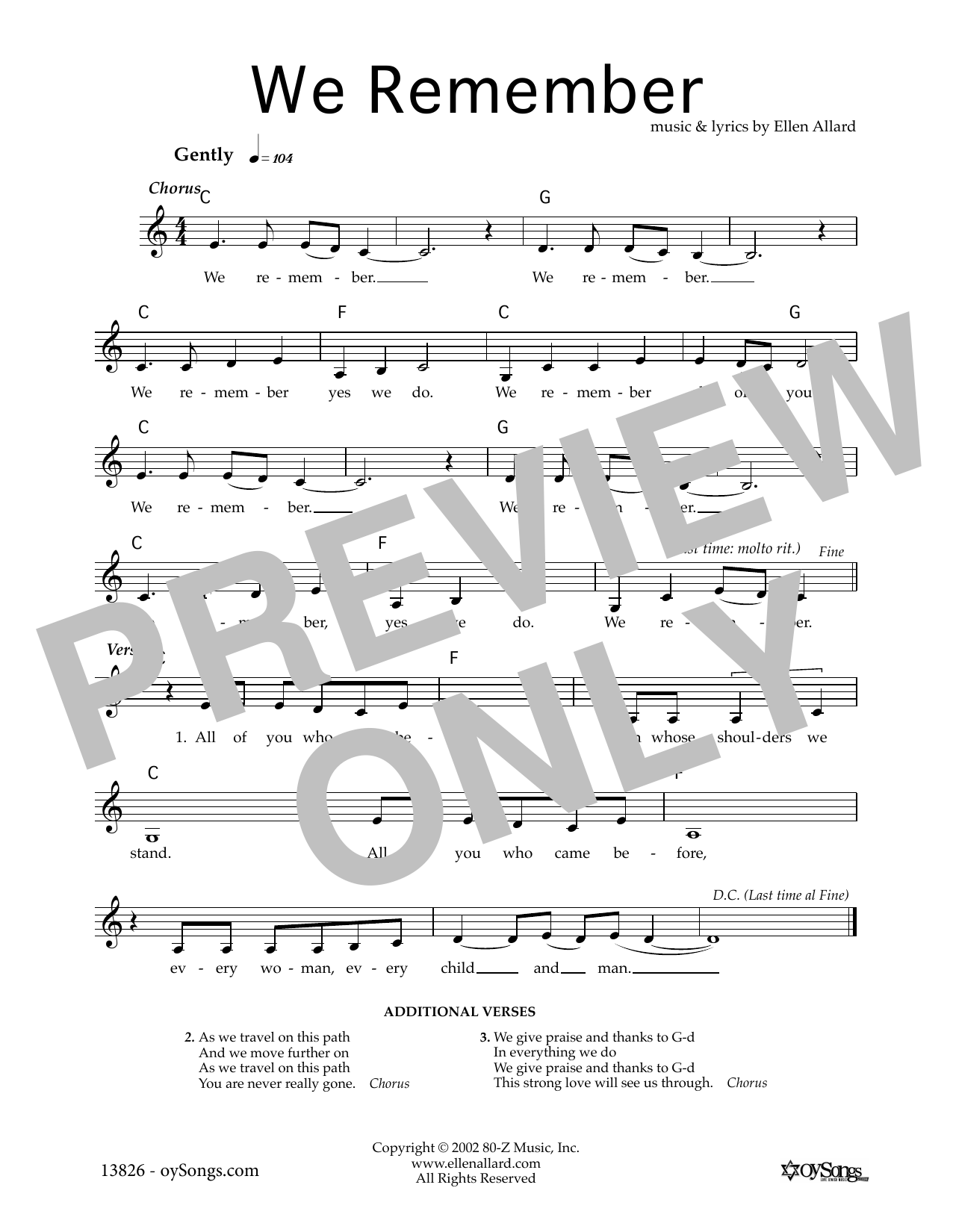 Download Ellen Allard We Remember Sheet Music and learn how to play Melody Line, Lyrics & Chords PDF digital score in minutes