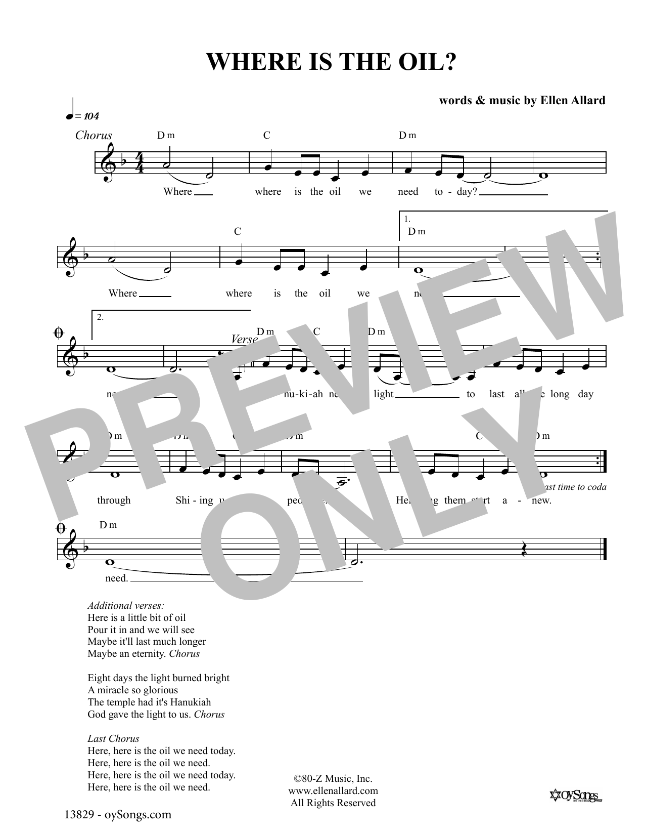 Download Ellen Allard Where Is The Oil Sheet Music and learn how to play Melody Line, Lyrics & Chords PDF digital score in minutes