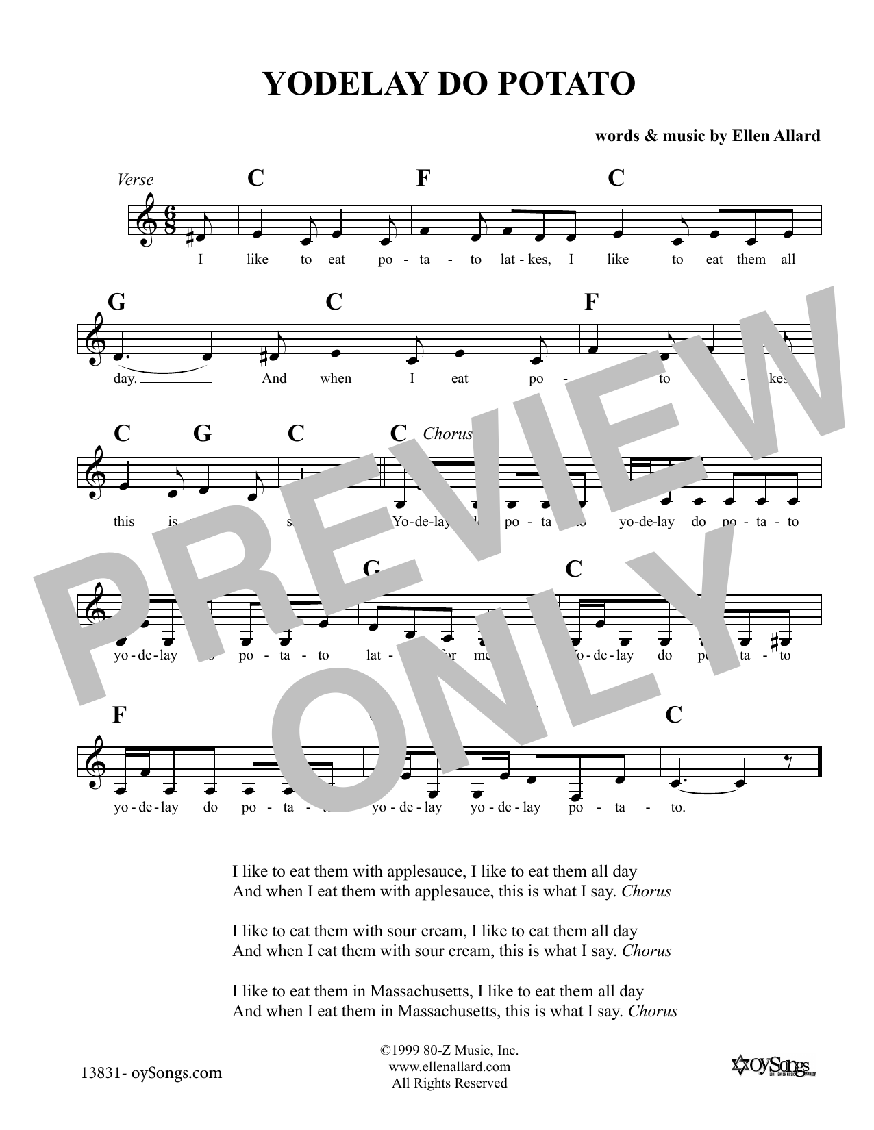 Download Ellen Allard Yodelay Do Potato Sheet Music and learn how to play Melody Line, Lyrics & Chords PDF digital score in minutes