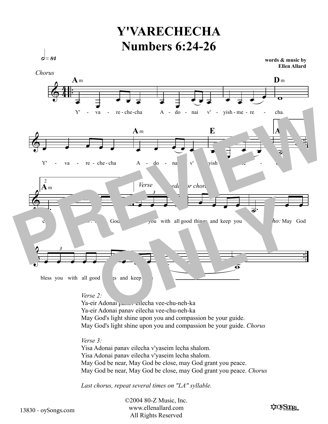 Download Ellen Allard Y'varechecha May God Bless You Sheet Music and learn how to play Melody Line, Lyrics & Chords PDF digital score in minutes