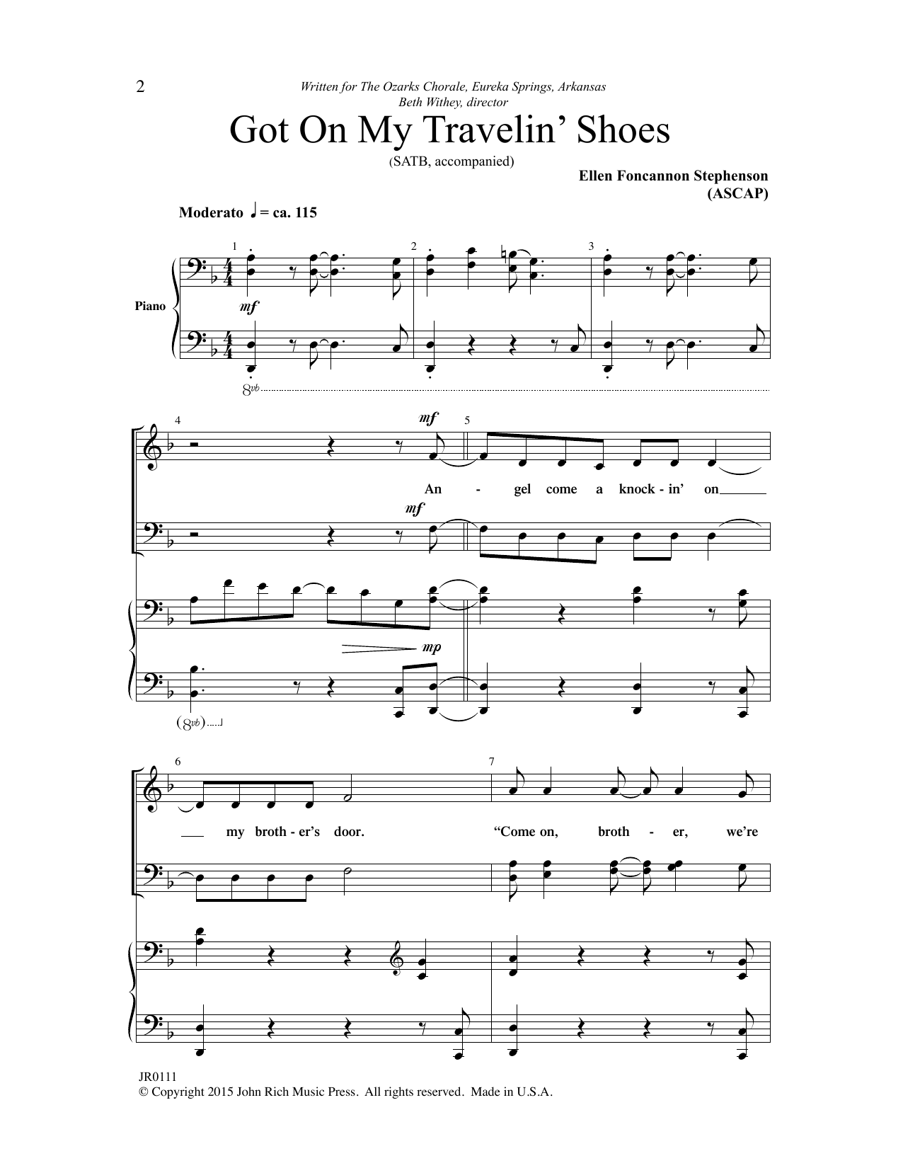 Download Ellen Foncannon Stephenson Got on My Travelin' Shoes Sheet Music and learn how to play SATB Choir PDF digital score in minutes