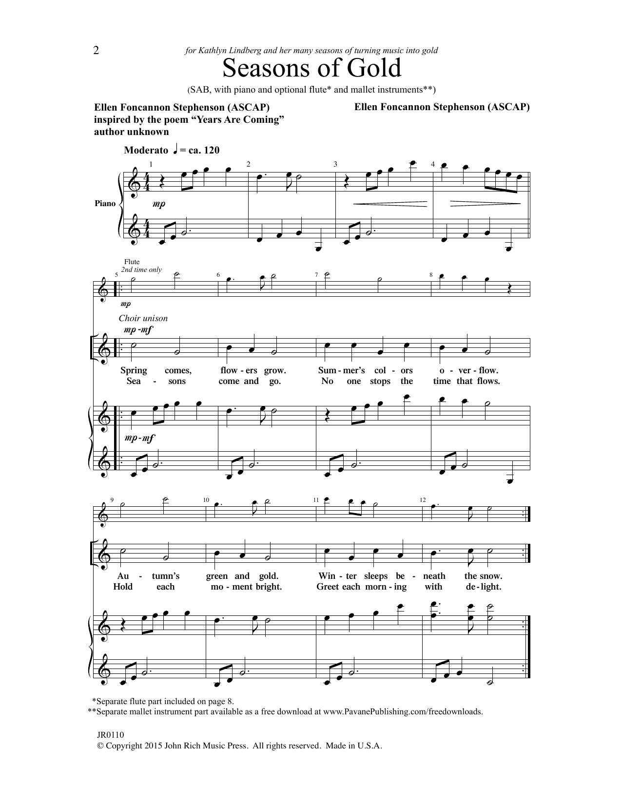Download Ellen Foncannon Stephenson Seasons of Gold Sheet Music and learn how to play SAB Choir PDF digital score in minutes