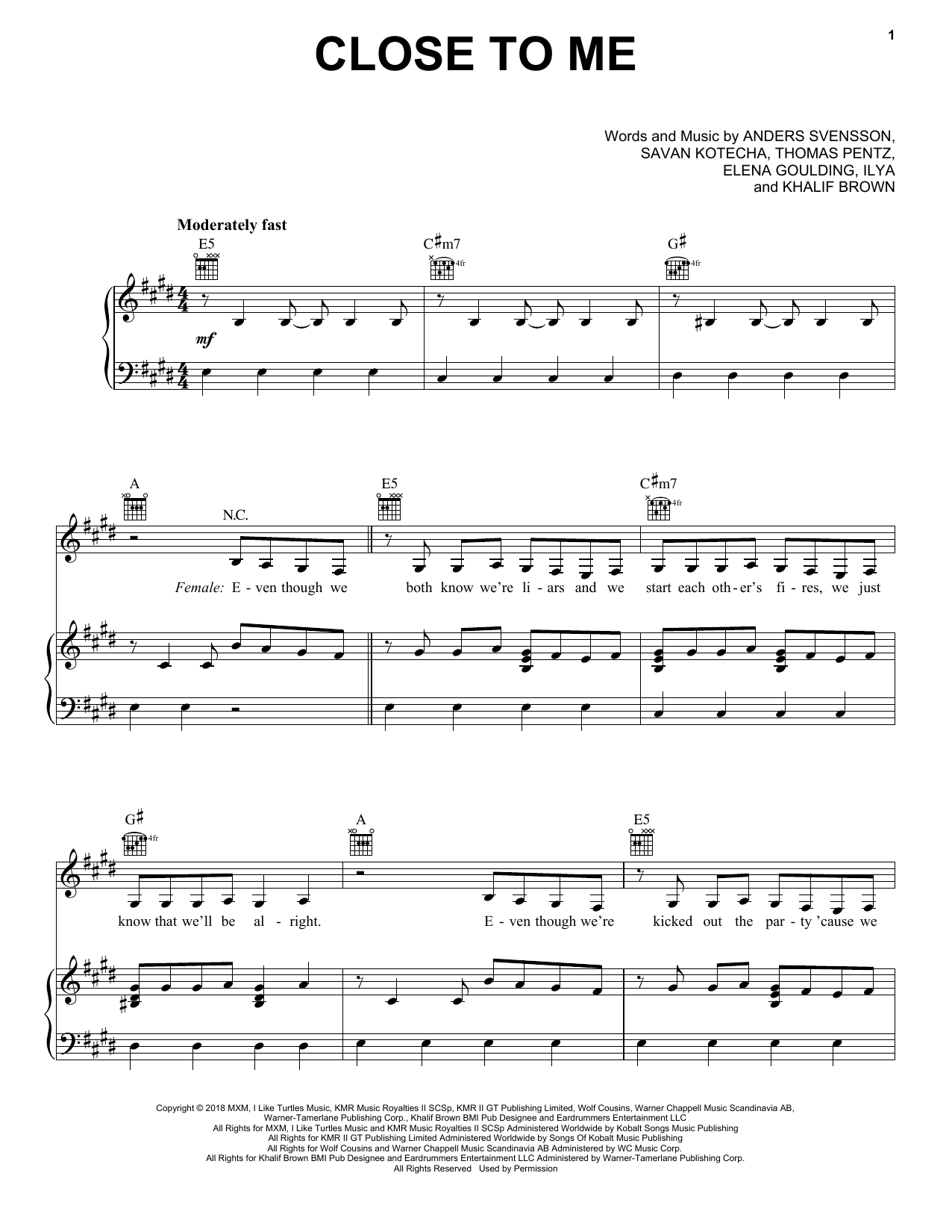 Download Ellie Goulding, Diplo & Swae Lee Close To Me Sheet Music and learn how to play Big Note Piano PDF digital score in minutes