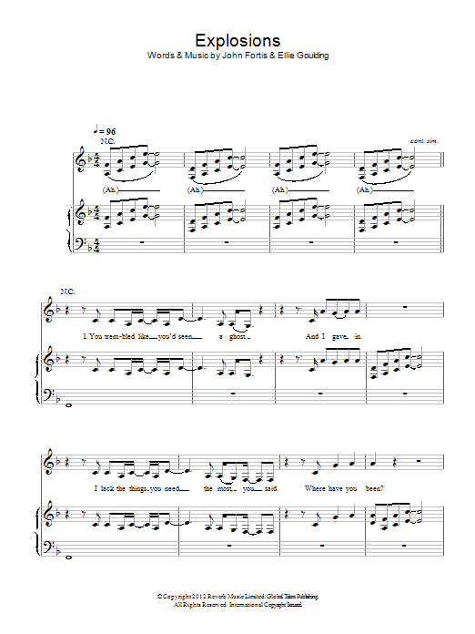 Download Ellie Goulding Explosions Sheet Music and learn how to play Piano, Vocal & Guitar (Right-Hand Melody) PDF digital score in minutes