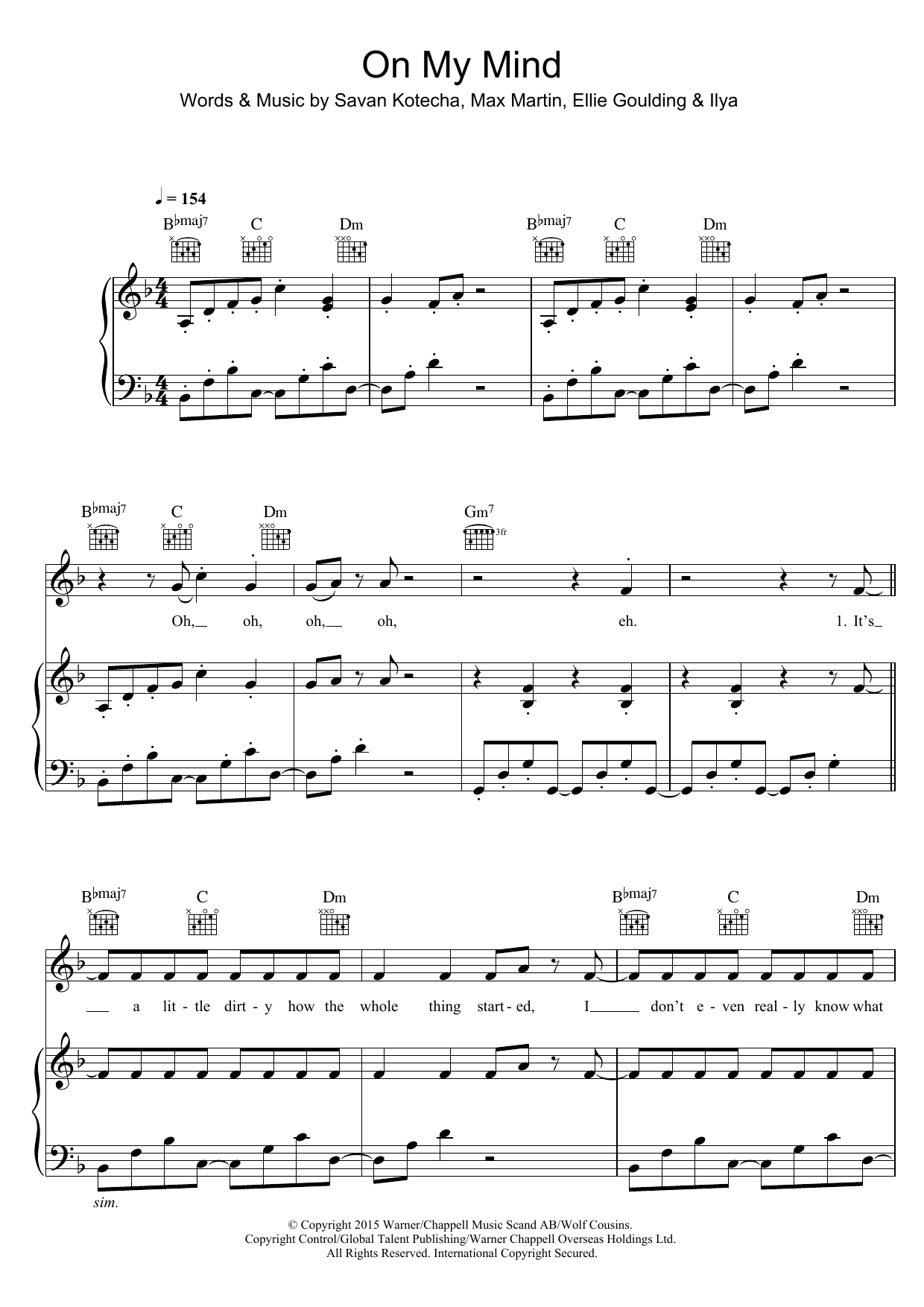 Download Ellie Goulding On My Mind Sheet Music and learn how to play Piano, Vocal & Guitar PDF digital score in minutes