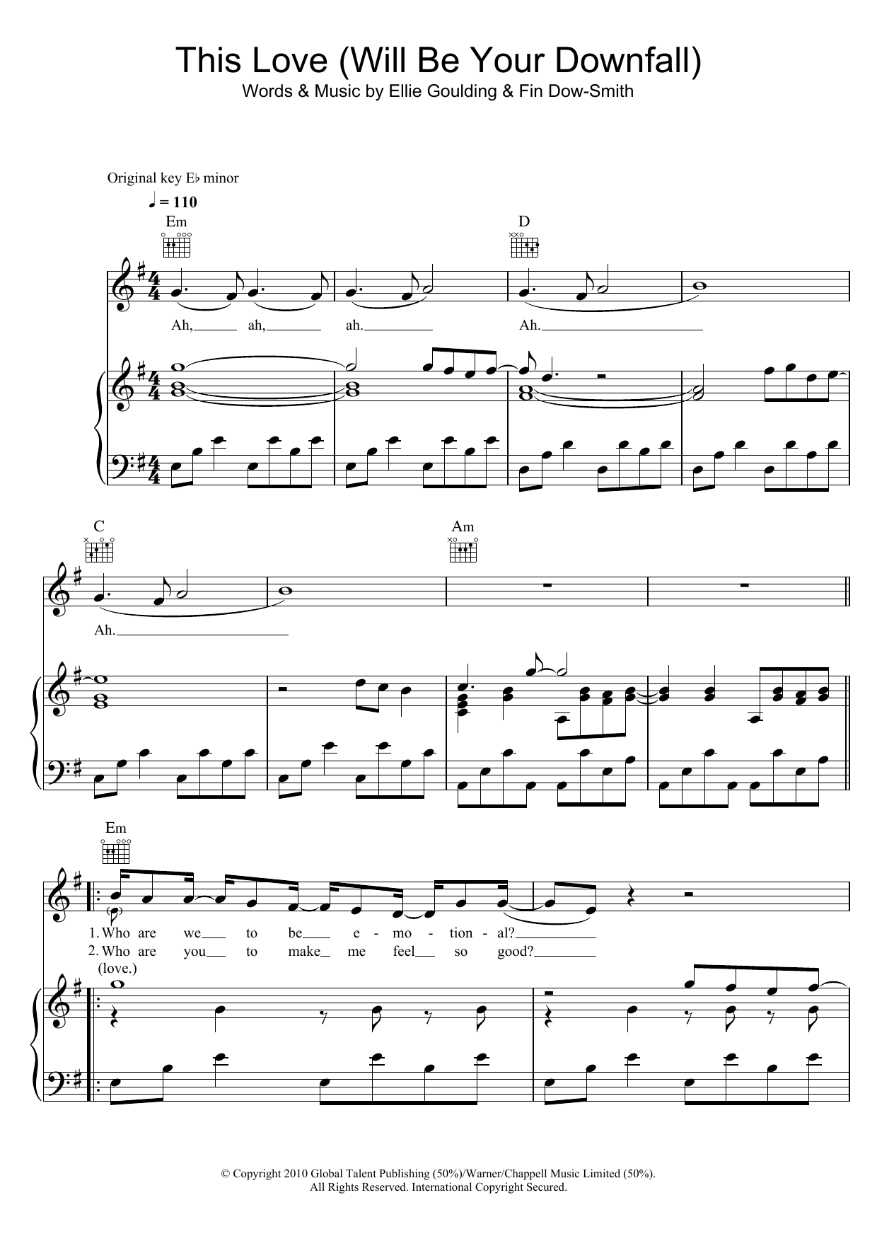 Download Ellie Goulding This Love (Will Be Your Downfall) Sheet Music and learn how to play Piano, Vocal & Guitar PDF digital score in minutes