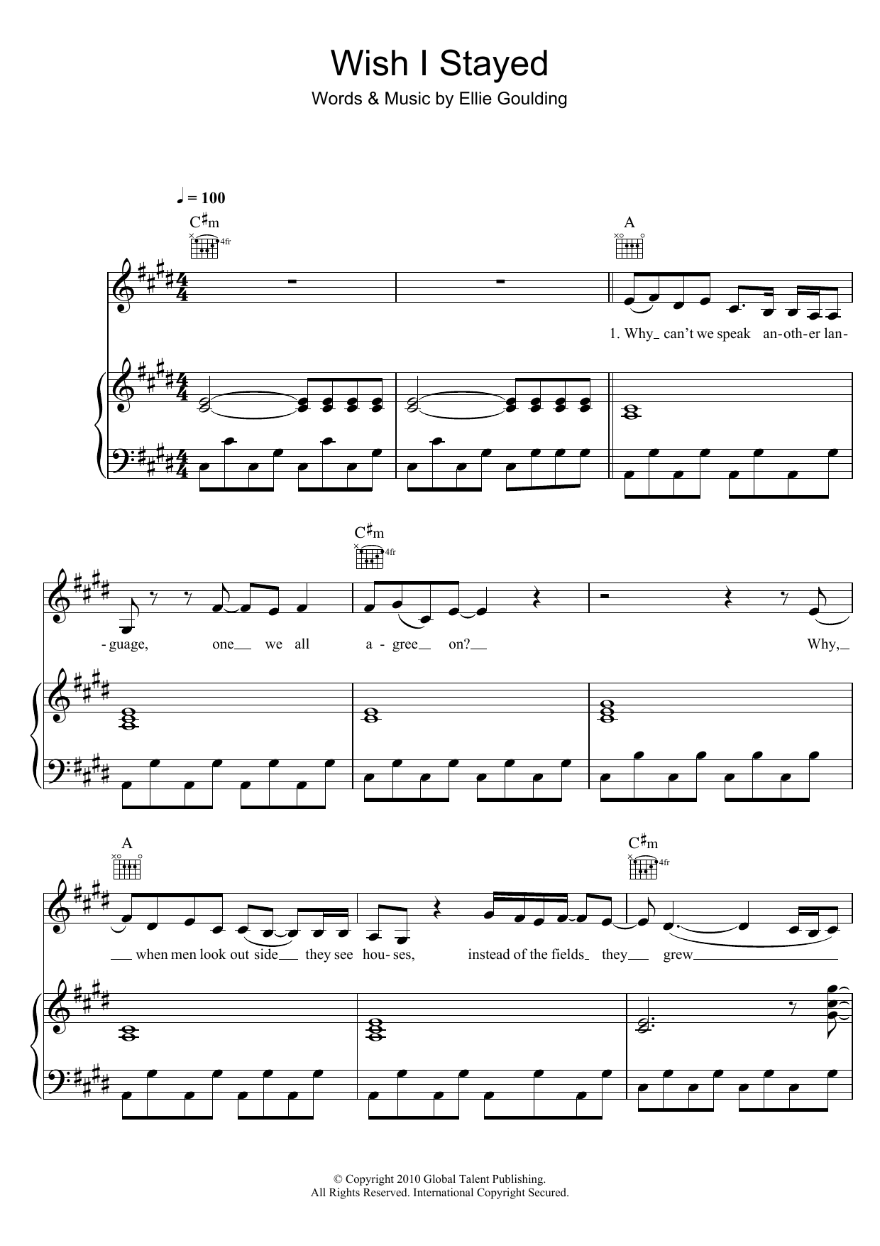 Download Ellie Goulding Wish I Stayed Sheet Music and learn how to play Piano, Vocal & Guitar PDF digital score in minutes