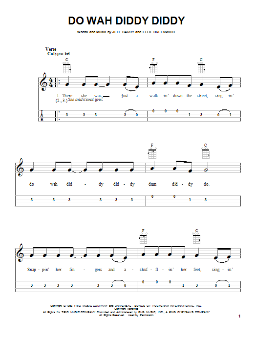 Download Ellie Greenwich Do Wah Diddy Diddy Sheet Music and learn how to play Ukulele PDF digital score in minutes