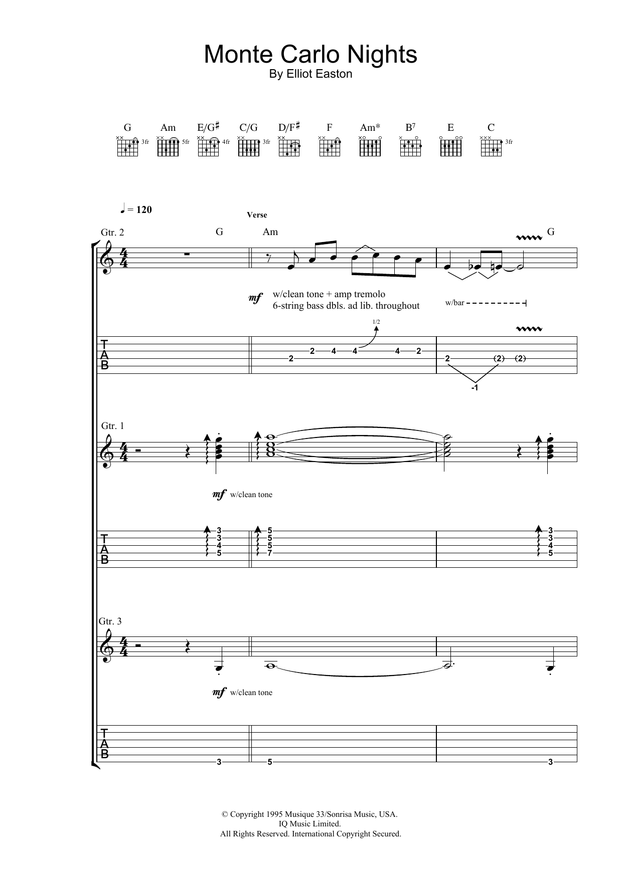 Download Elliot Easton Monte Carlo Nights (from Jackie Brown) Sheet Music and learn how to play Guitar Tab PDF digital score in minutes