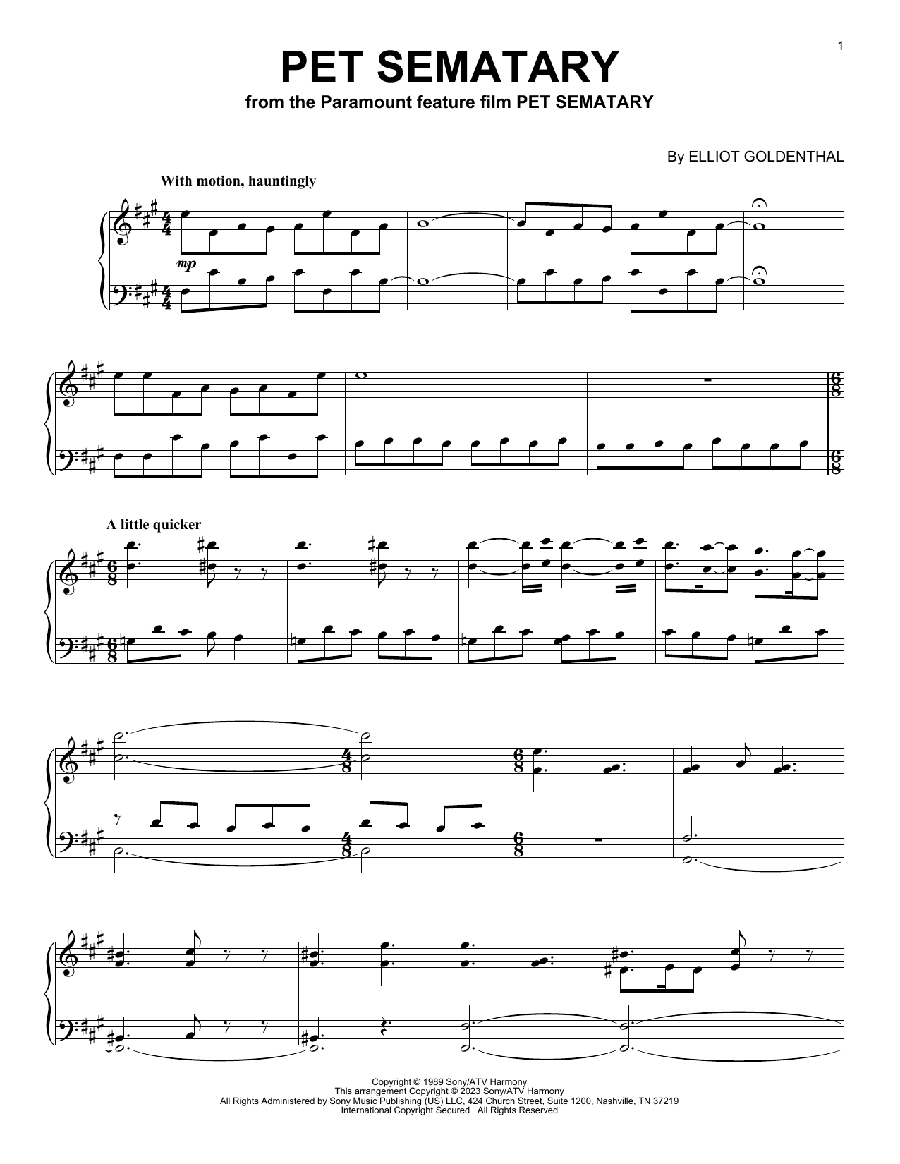 Download Elliot Goldenthal Pet Sematary Sheet Music and learn how to play Piano Solo PDF digital score in minutes