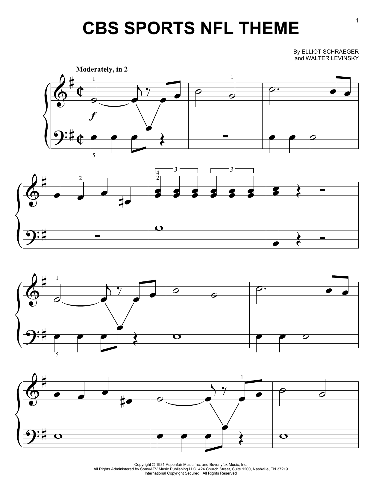 Download Elliot Schraeger and Walter Levinsky CBS Sports NFL Theme Sheet Music and learn how to play Big Note Piano PDF digital score in minutes