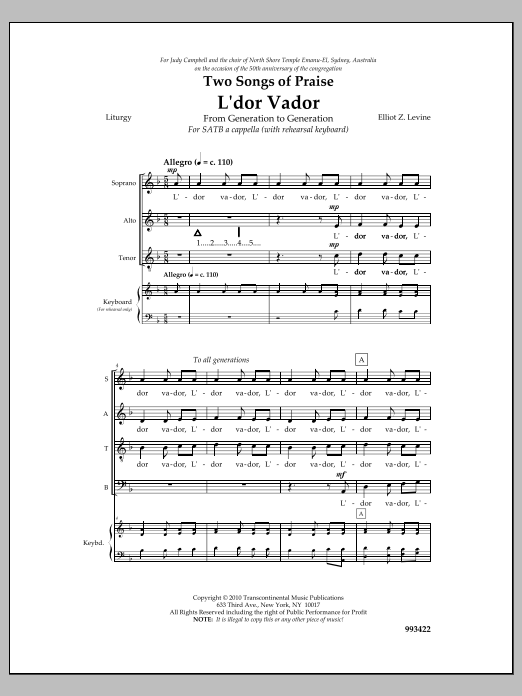 Download Elliot Z. Levine Two Songs Of Praise: L'dor Vador And Psalm 146 Sheet Music and learn how to play SATB Choir PDF digital score in minutes