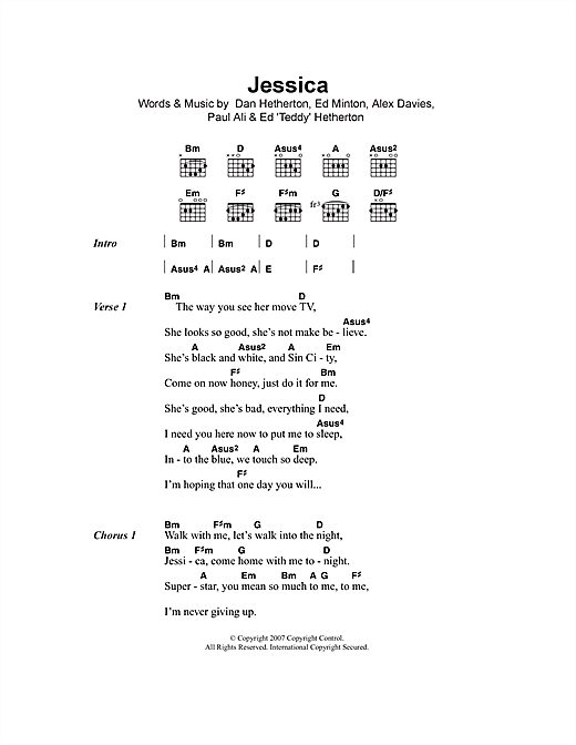 Download Elliot Minor Jessica Sheet Music and learn how to play Lyrics & Chords PDF digital score in minutes