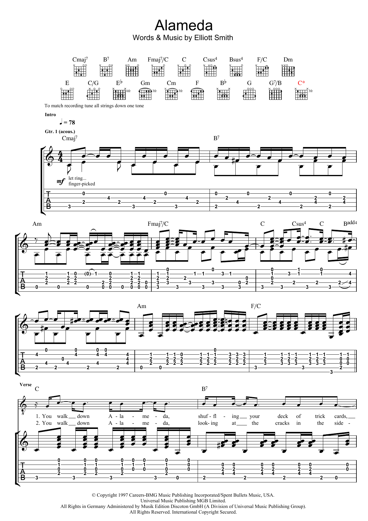 Download Elliott Smith Alameda Sheet Music and learn how to play Guitar Tab PDF digital score in minutes