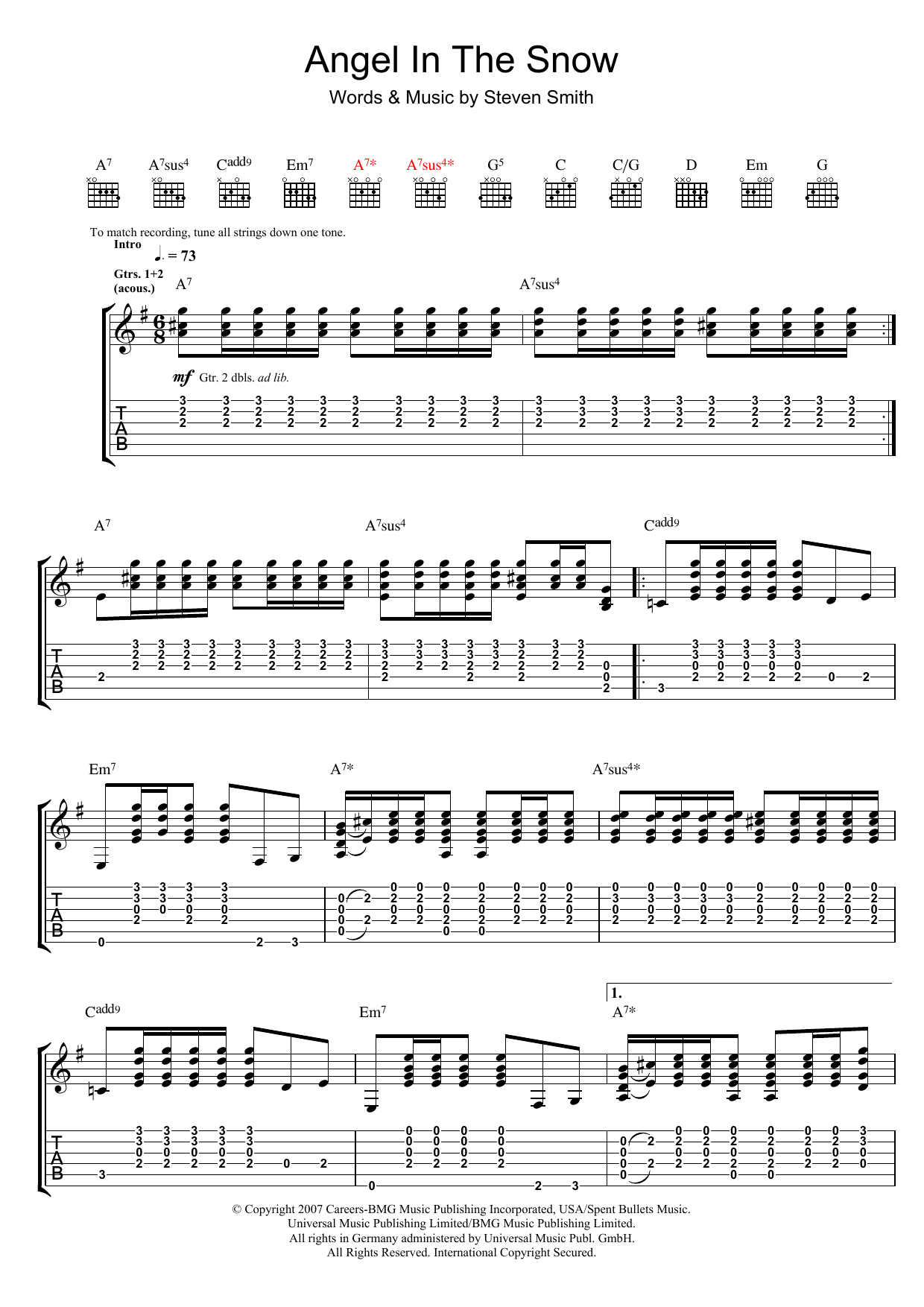 Download Elliott Smith Angel In The Snow Sheet Music and learn how to play Guitar Tab PDF digital score in minutes