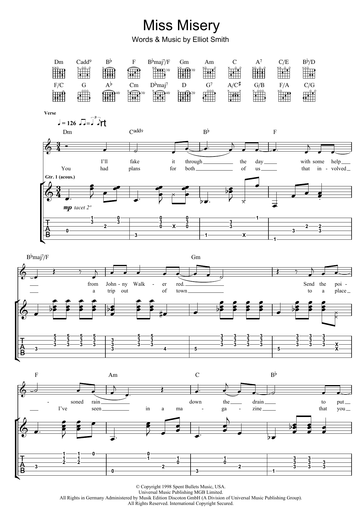 Download Elliott Smith Miss Misery Sheet Music and learn how to play Guitar Tab PDF digital score in minutes