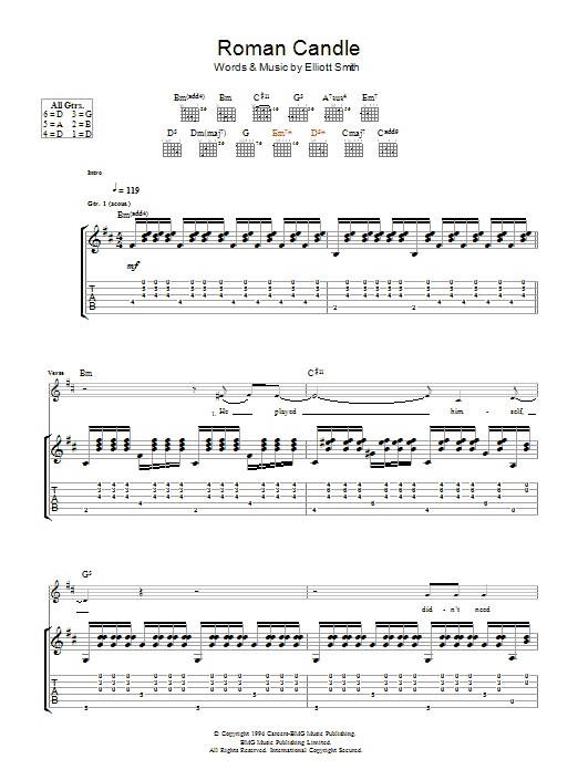 Download Elliott Smith Roman Candle Sheet Music and learn how to play Guitar Tab PDF digital score in minutes