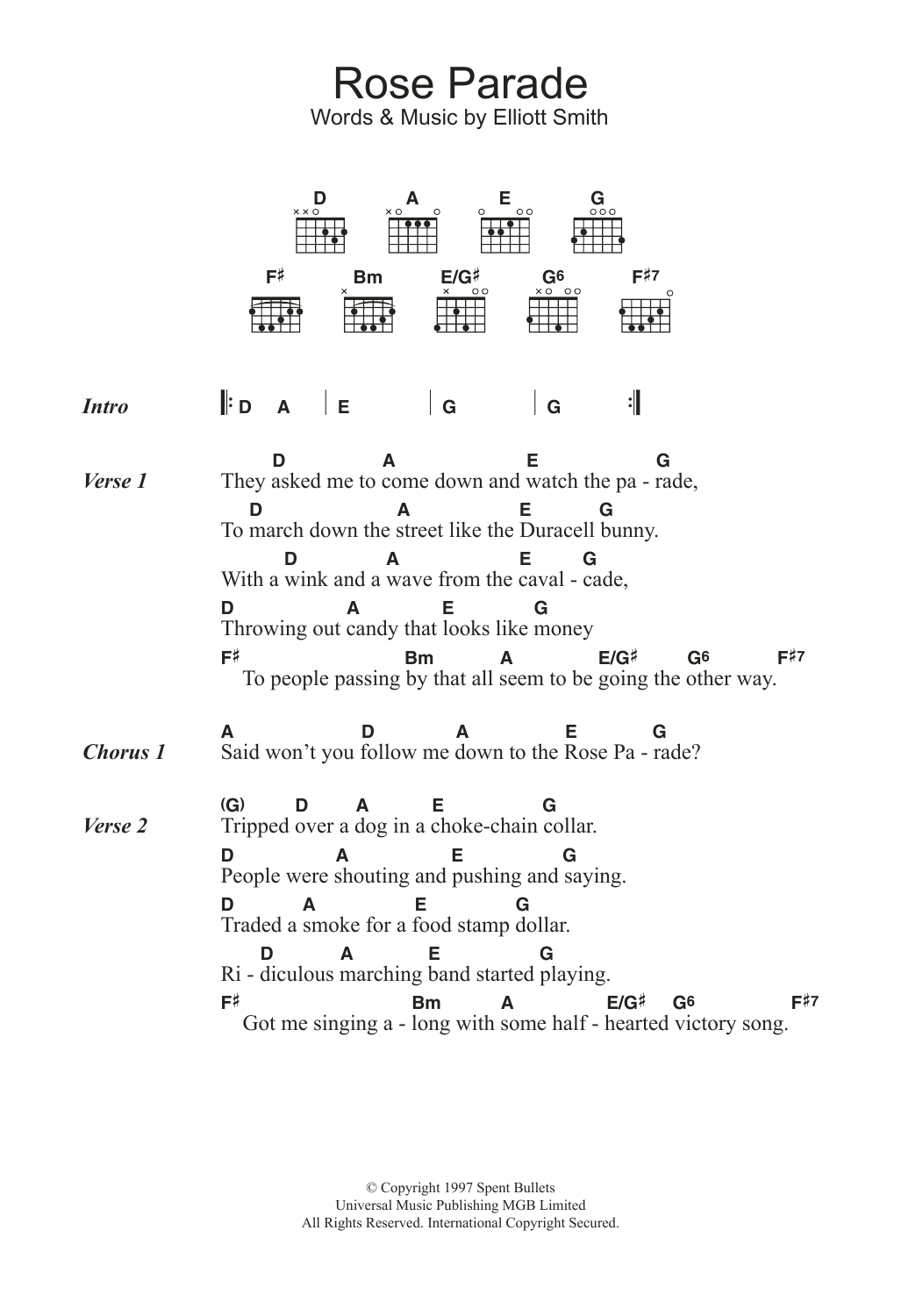 Download Elliott Smith Rose Parade Sheet Music and learn how to play Lyrics & Chords PDF digital score in minutes