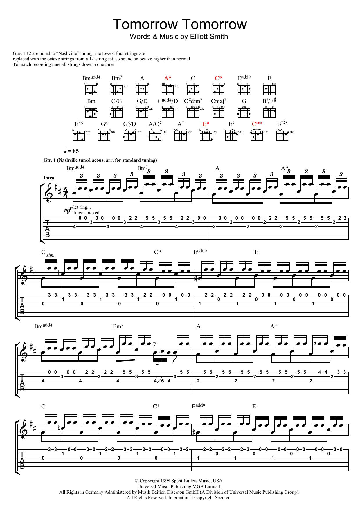 Download Elliott Smith Tomorrow Tomorrow Sheet Music and learn how to play Guitar Tab PDF digital score in minutes
