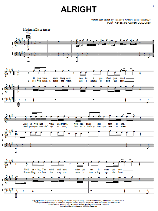 Download Elliott Yamin Alright Sheet Music and learn how to play Piano, Vocal & Guitar (Right-Hand Melody) PDF digital score in minutes
