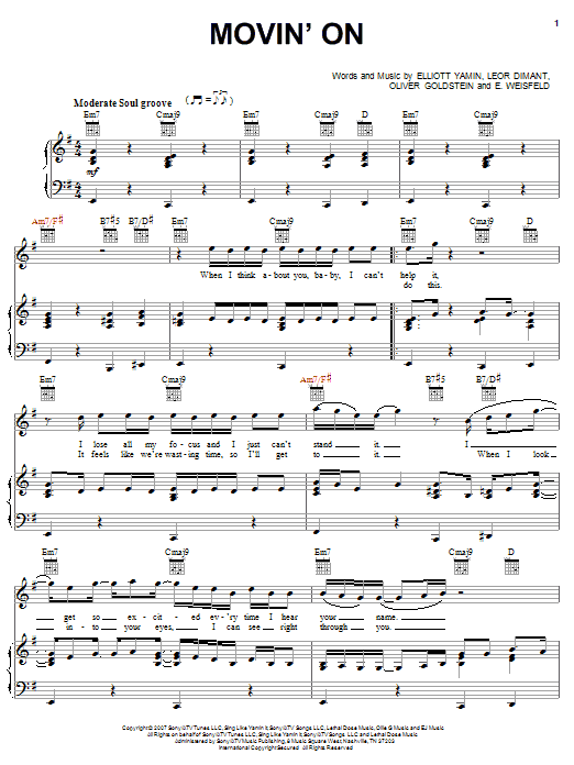 Download Elliott Yamin Movin' On Sheet Music and learn how to play Piano, Vocal & Guitar (Right-Hand Melody) PDF digital score in minutes