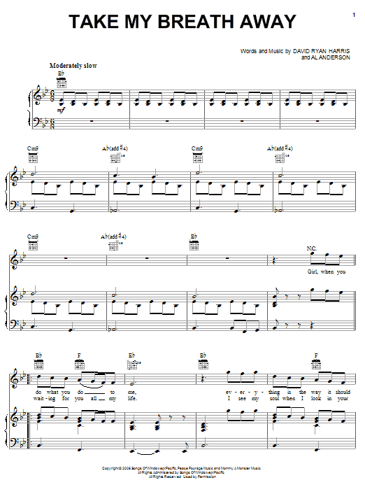 Download Elliott Yamin Take My Breath Away Sheet Music and learn how to play Piano, Vocal & Guitar (Right-Hand Melody) PDF digital score in minutes