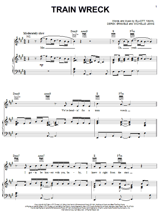 Download Elliott Yamin Train Wreck Sheet Music and learn how to play Piano, Vocal & Guitar (Right-Hand Melody) PDF digital score in minutes