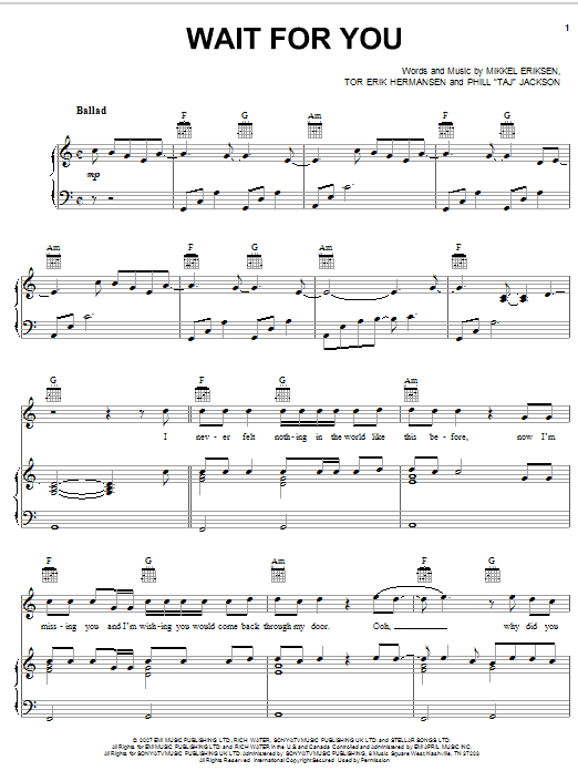 Download Elliott Yamin Wait For You Sheet Music and learn how to play Piano, Vocal & Guitar (Right-Hand Melody) PDF digital score in minutes