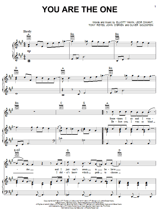 Download Elliott Yamin You Are The One Sheet Music and learn how to play Piano, Vocal & Guitar (Right-Hand Melody) PDF digital score in minutes