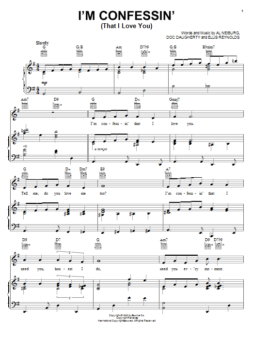 Download Ellis Reynolds I'm Confessin' (That I Love You) Sheet Music and learn how to play Piano, Vocal & Guitar (Right-Hand Melody) PDF digital score in minutes
