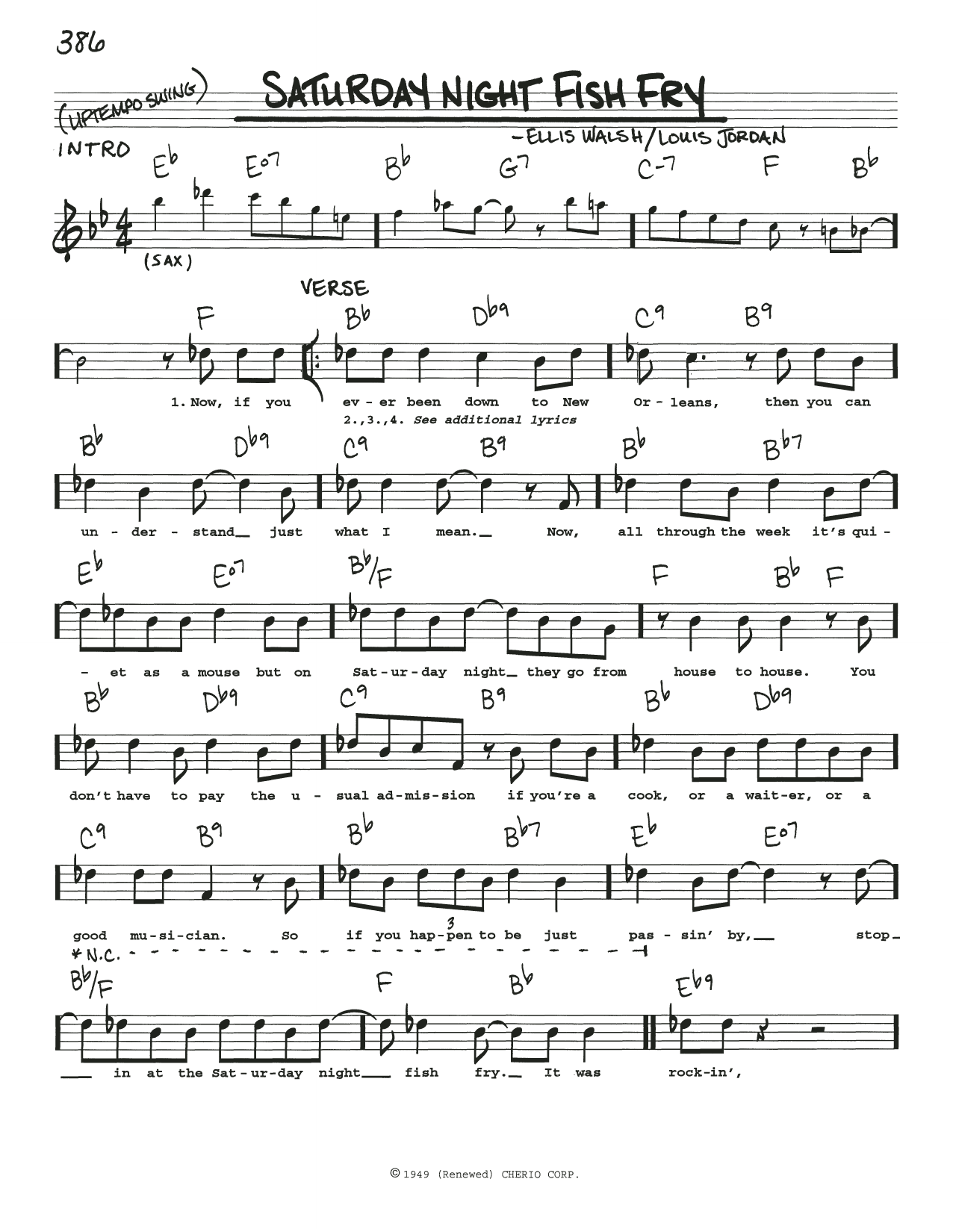 Download Ellis Walsh Saturday Night Fish Fry Sheet Music and learn how to play Real Book – Melody, Lyrics & Chords PDF digital score in minutes