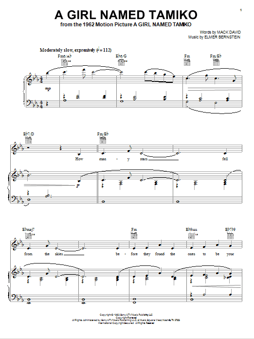 Download Elmer Bernstein A Girl Named Tamiko Sheet Music and learn how to play Piano, Vocal & Guitar (Right-Hand Melody) PDF digital score in minutes