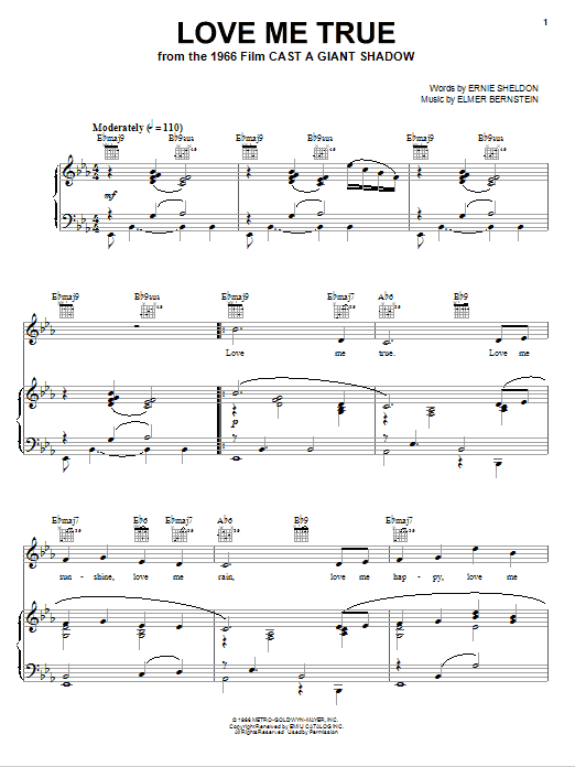 Download Elmer Bernstein Love Me True Sheet Music and learn how to play Piano, Vocal & Guitar (Right-Hand Melody) PDF digital score in minutes