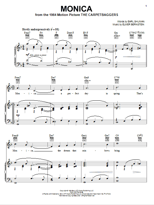 Download Elmer Bernstein Monica Sheet Music and learn how to play Piano, Vocal & Guitar (Right-Hand Melody) PDF digital score in minutes