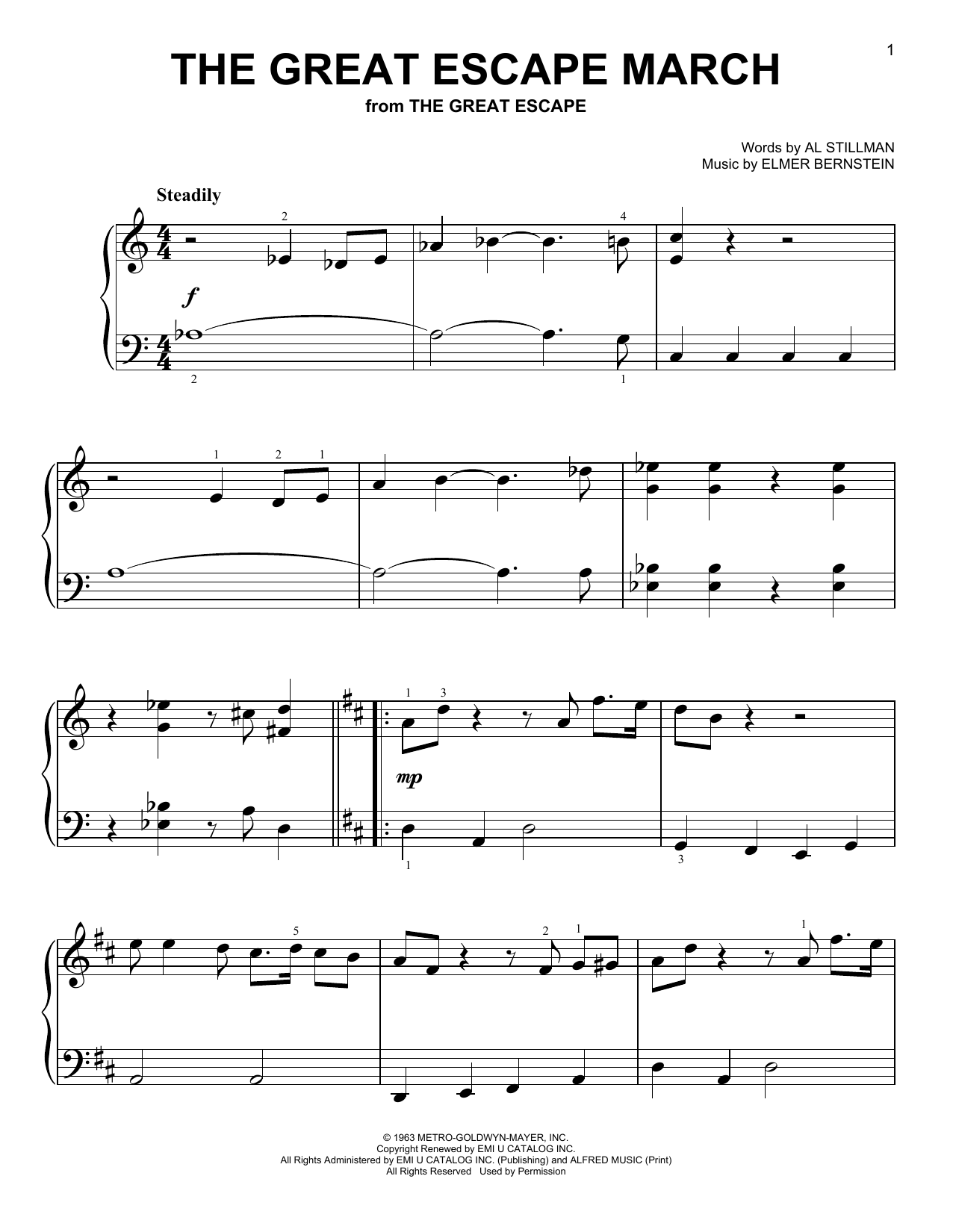 Download Elmer Bernstein The Great Escape March (from The Great Escape) Sheet Music and learn how to play Easy Piano PDF digital score in minutes