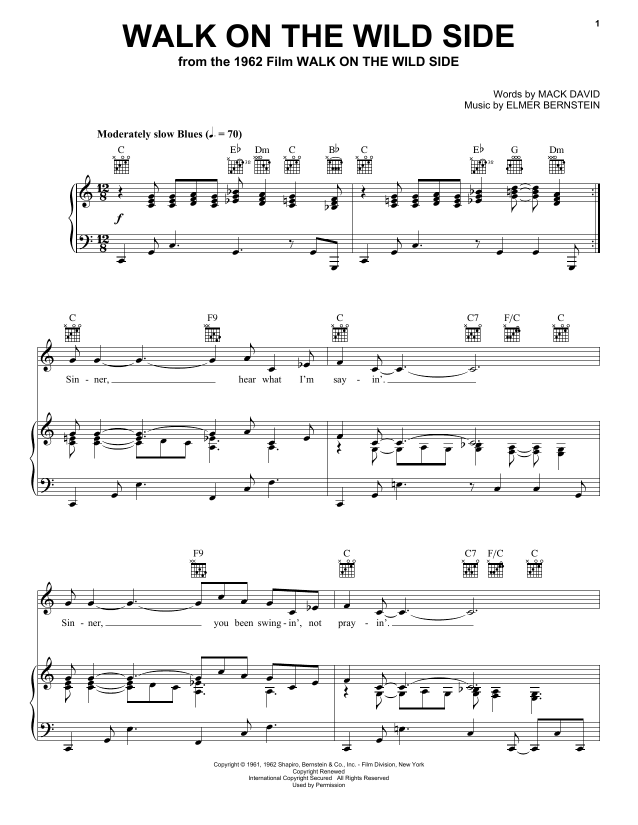 Download Elmer Bernstein Walk On The Wild Side Sheet Music and learn how to play Piano, Vocal & Guitar (Right-Hand Melody) PDF digital score in minutes