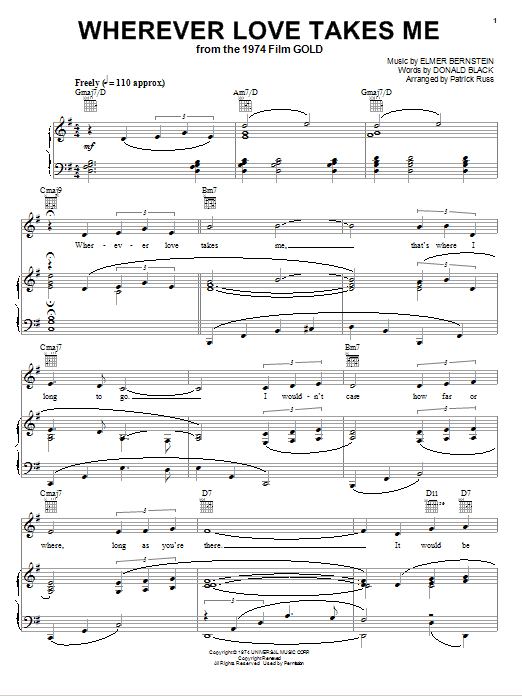 Download Elmer Bernstein Wherever Love Takes Me Sheet Music and learn how to play Piano, Vocal & Guitar (Right-Hand Melody) PDF digital score in minutes