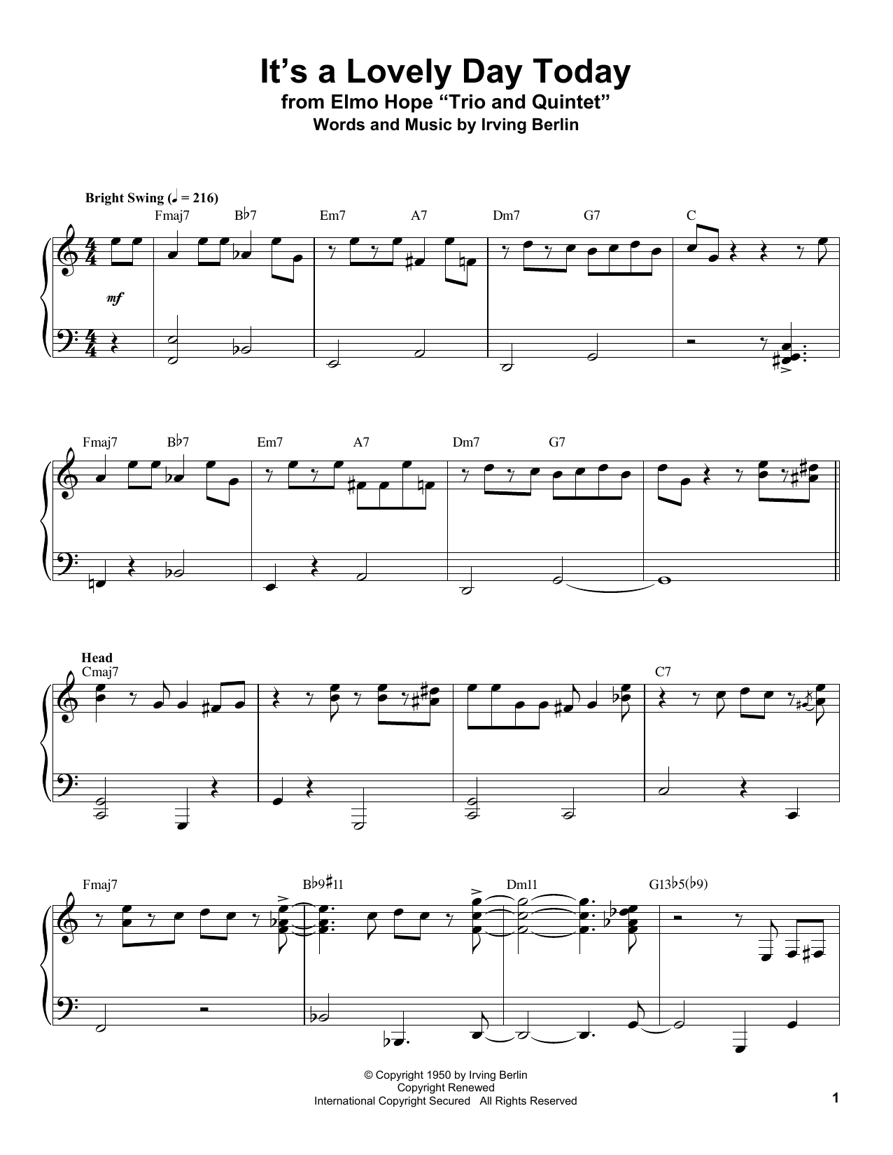 Download Irving Berlin It's A Lovely Day Today Sheet Music and learn how to play Piano Transcription PDF digital score in minutes