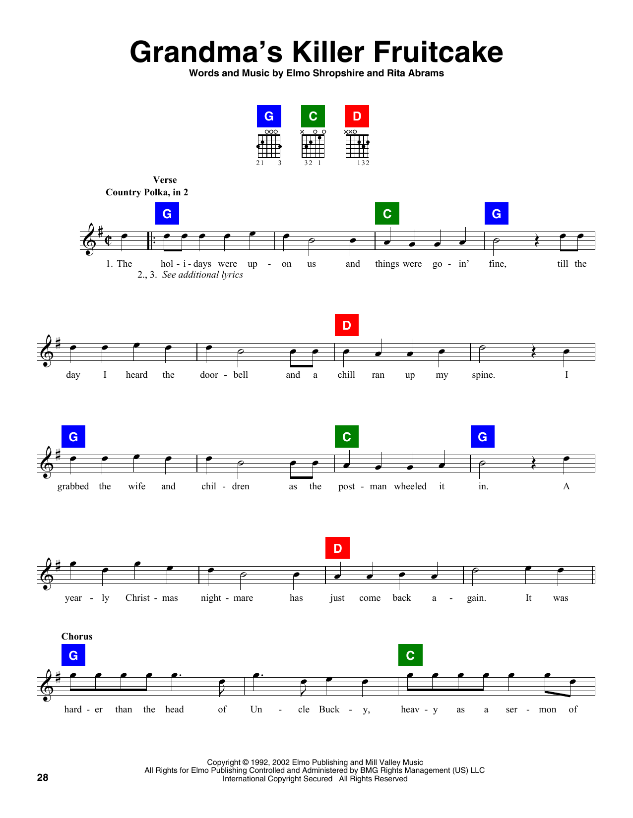 Download Elmo Shropshire Grandma's Killer Fruitcake Sheet Music and learn how to play Melody Line, Lyrics & Chords PDF digital score in minutes