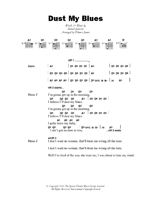 Download Elmore James Dust My Blues Sheet Music and learn how to play Lyrics & Chords PDF digital score in minutes