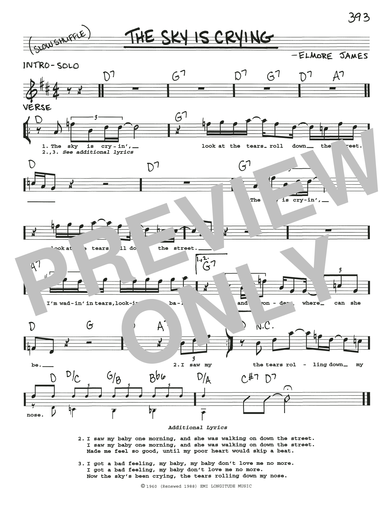 Download Elmore James The Sky Is Crying Sheet Music and learn how to play Real Book – Melody, Lyrics & Chords PDF digital score in minutes