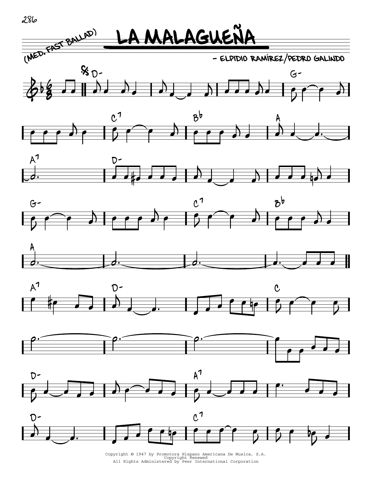 Download Elpidio Ramirez La Malaguena Sheet Music and learn how to play Real Book – Melody & Chords PDF digital score in minutes