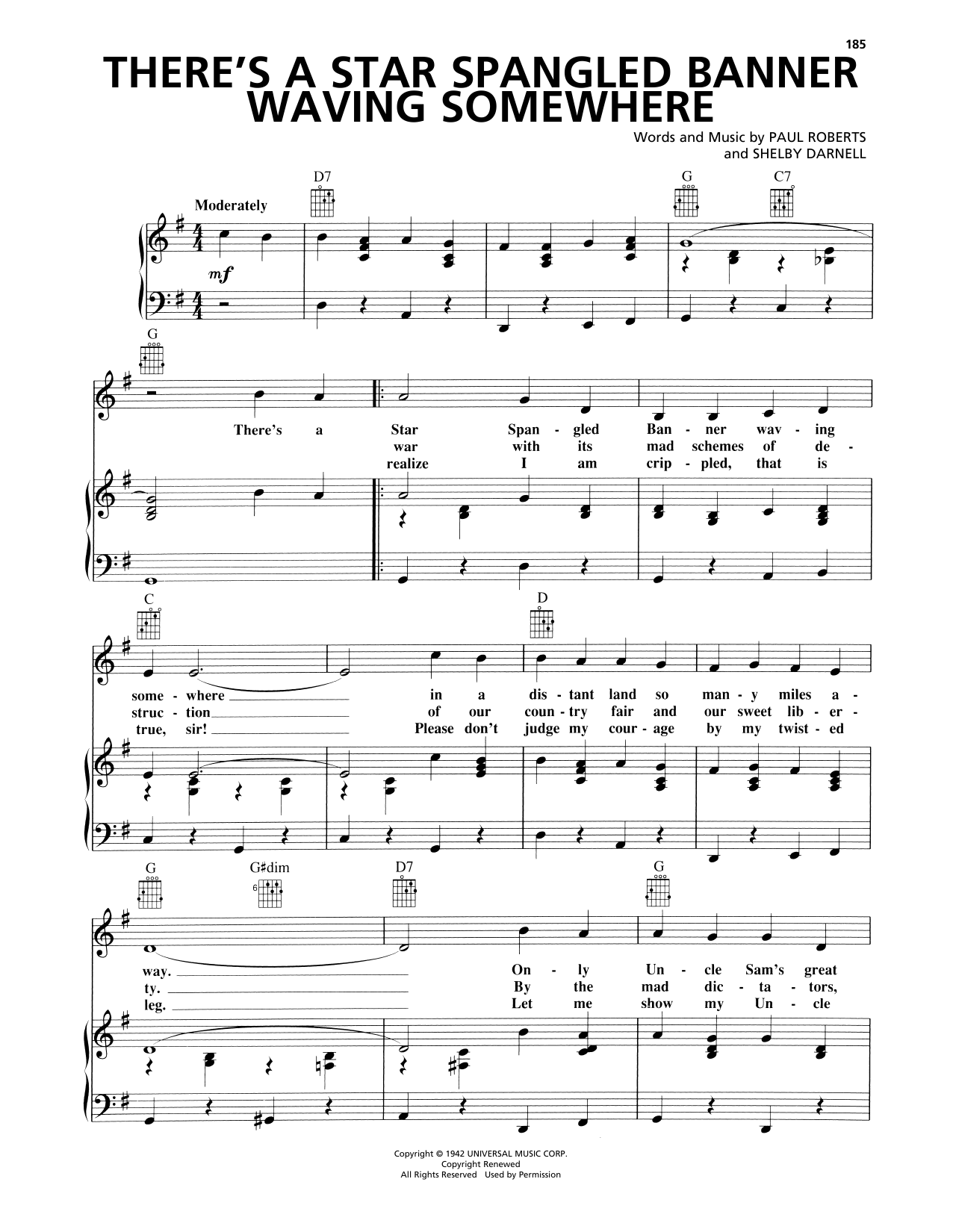 Download Elton Britt There's A Star Spangled Banner Waving Somewhere Sheet Music and learn how to play Piano, Vocal & Guitar Chords (Right-Hand Melody) PDF digital score in minutes