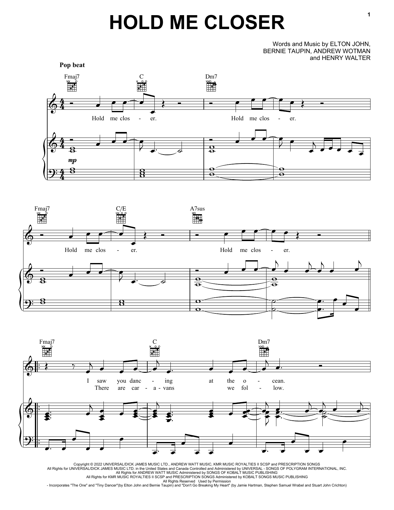 Download Elton John & Britney Spears Hold Me Closer Sheet Music and learn how to play Piano, Vocal & Guitar Chords (Right-Hand Melody) PDF digital score in minutes