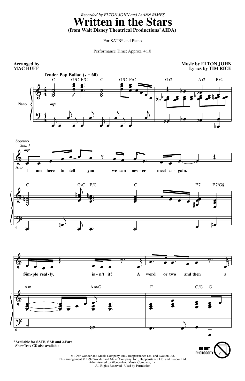 Download Elton John & LeAnn Rimes Written In The Stars (from Aida) (arr. Mac Huff) Sheet Music and learn how to play 2-Part Choir PDF digital score in minutes