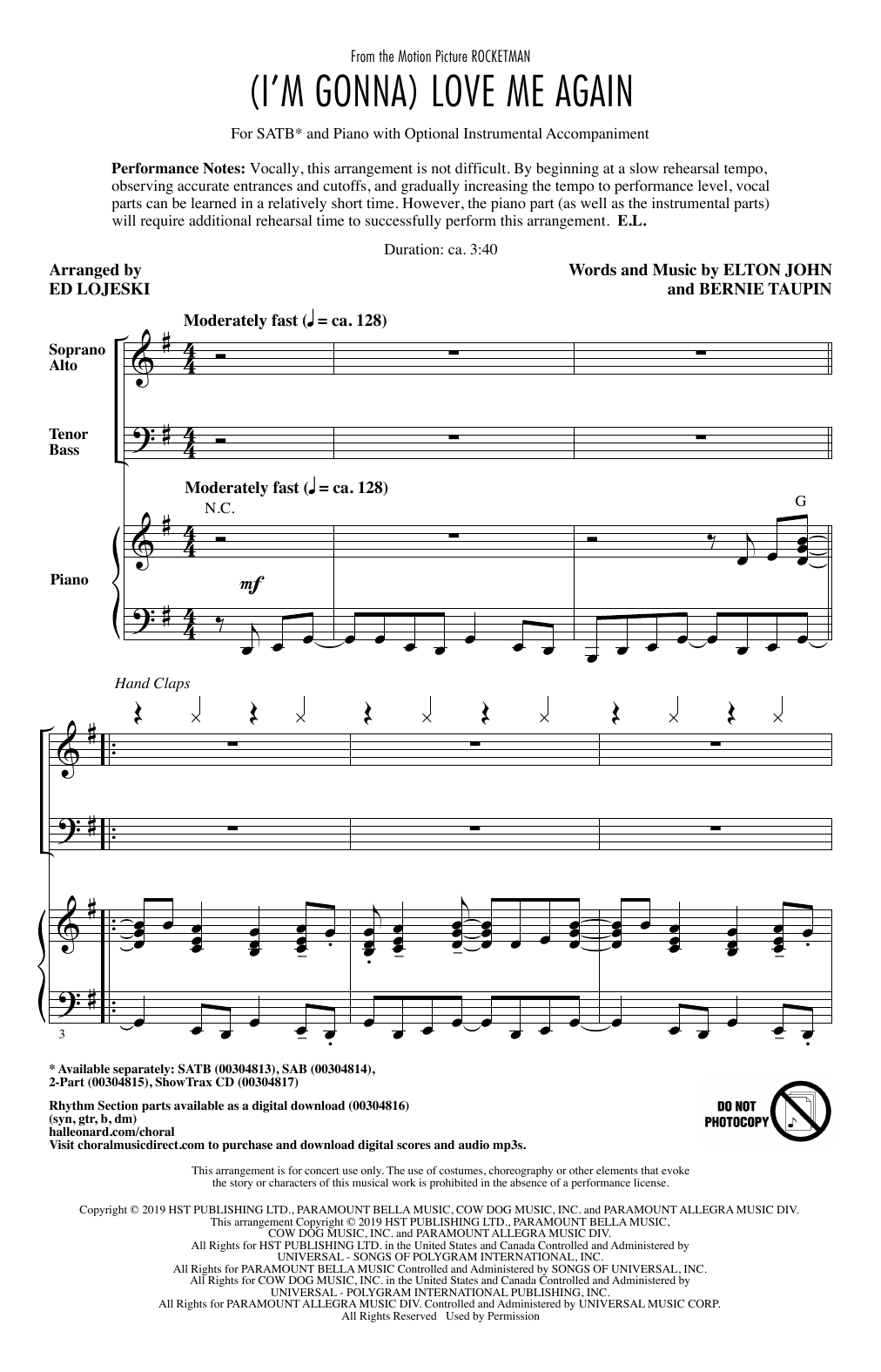 Download Elton John & Taron Egerton (I'm Gonna) Love Me Again (from Rocketman) (arr. Ed Lojeski) Sheet Music and learn how to play SAB Choir PDF digital score in minutes